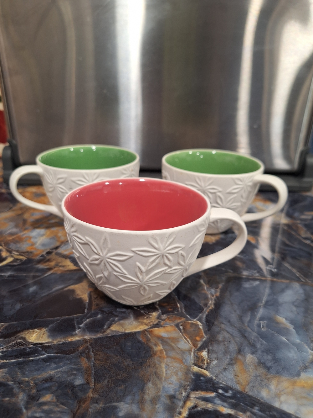 Starbucks White Embossed Mugs with Pink and Green Interiors.set Of 3